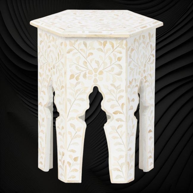 Bone Inlay Floral Design Hexagonal Table White