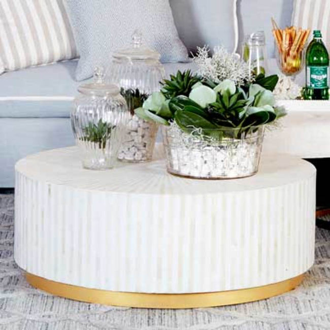 Bone Inlay Center Table Stripe Design White 4