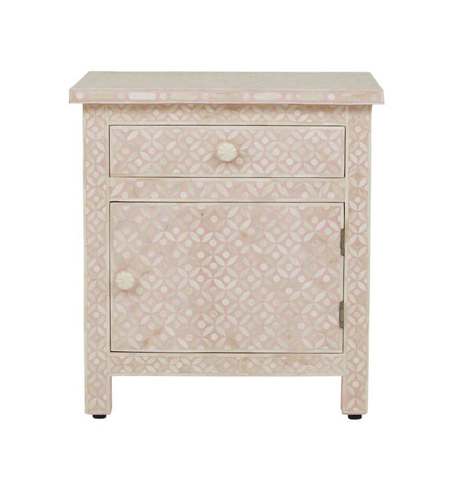 Bone Inlay Geometric Bedside 1 Drawer 1 Door Blush Pink 1