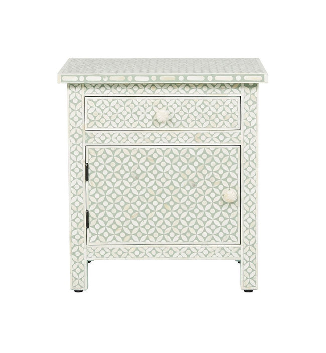 Bone Inlay Geometric Bedside 1 Drawer 1 Door Sage 1