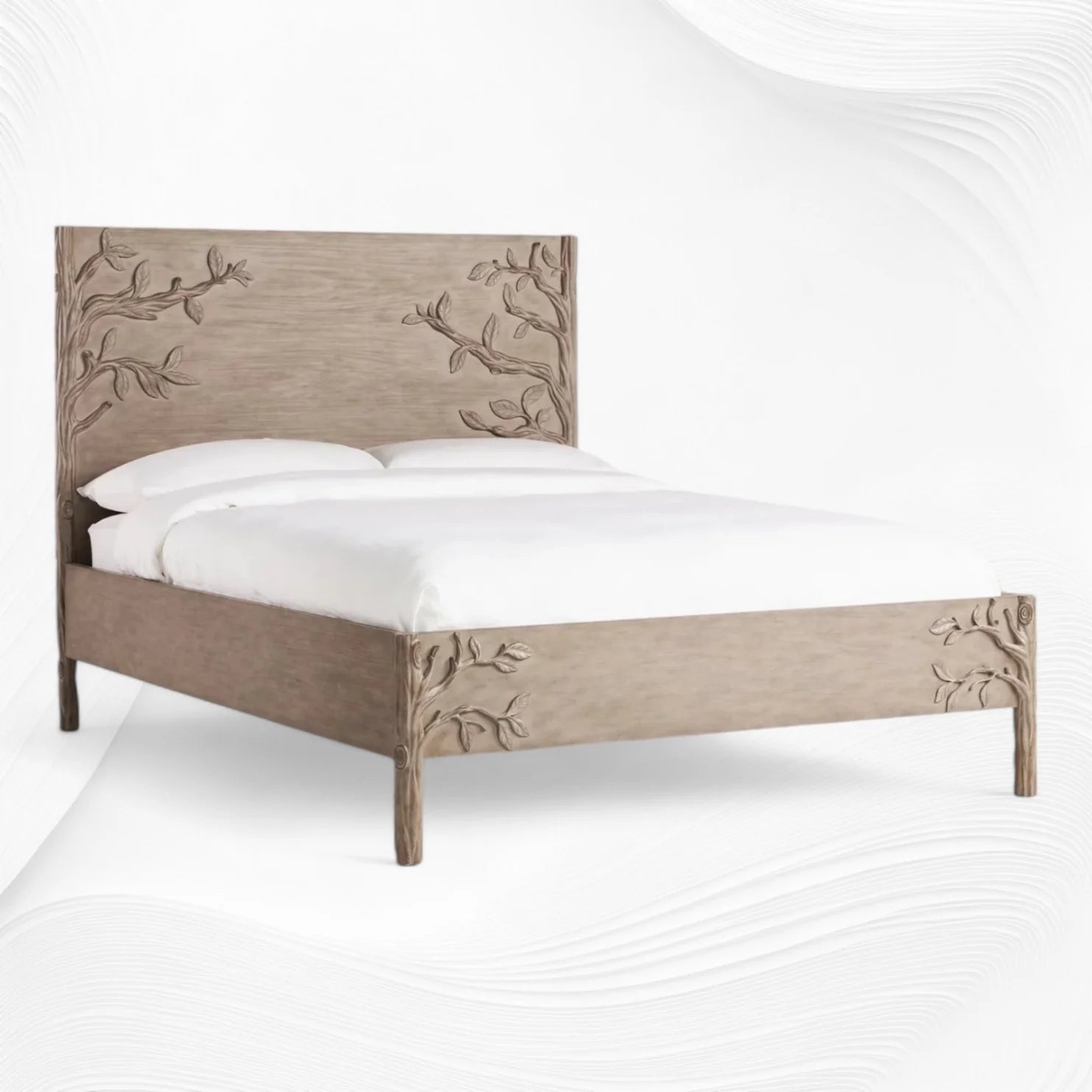 Three-quarter view of brown carved mango wood bed frame