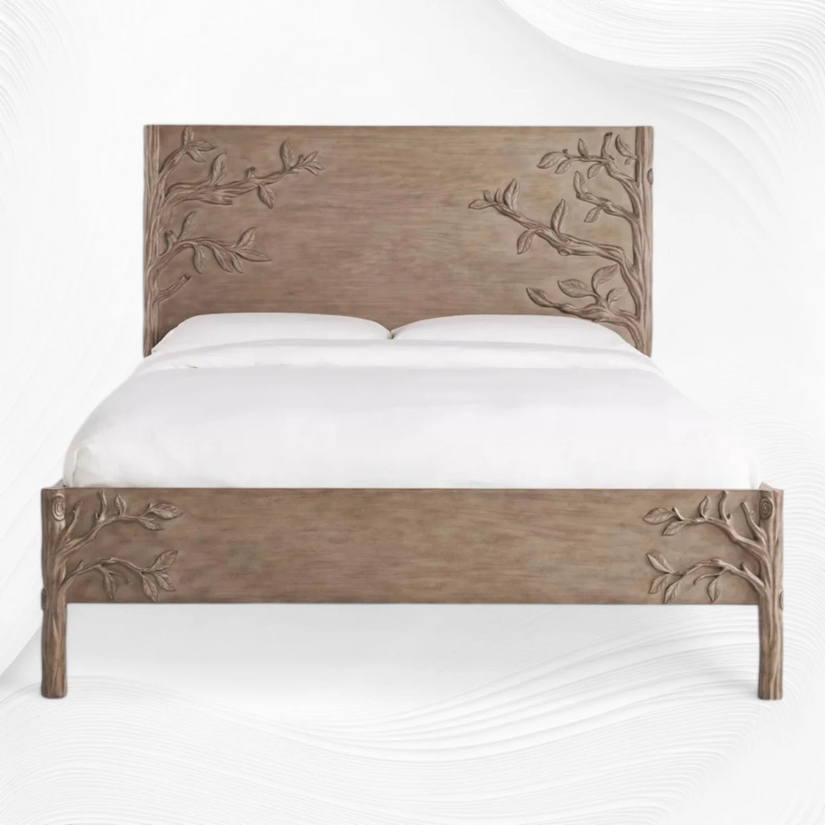 Front view of brown hand-carved Ornithology mango wood bed