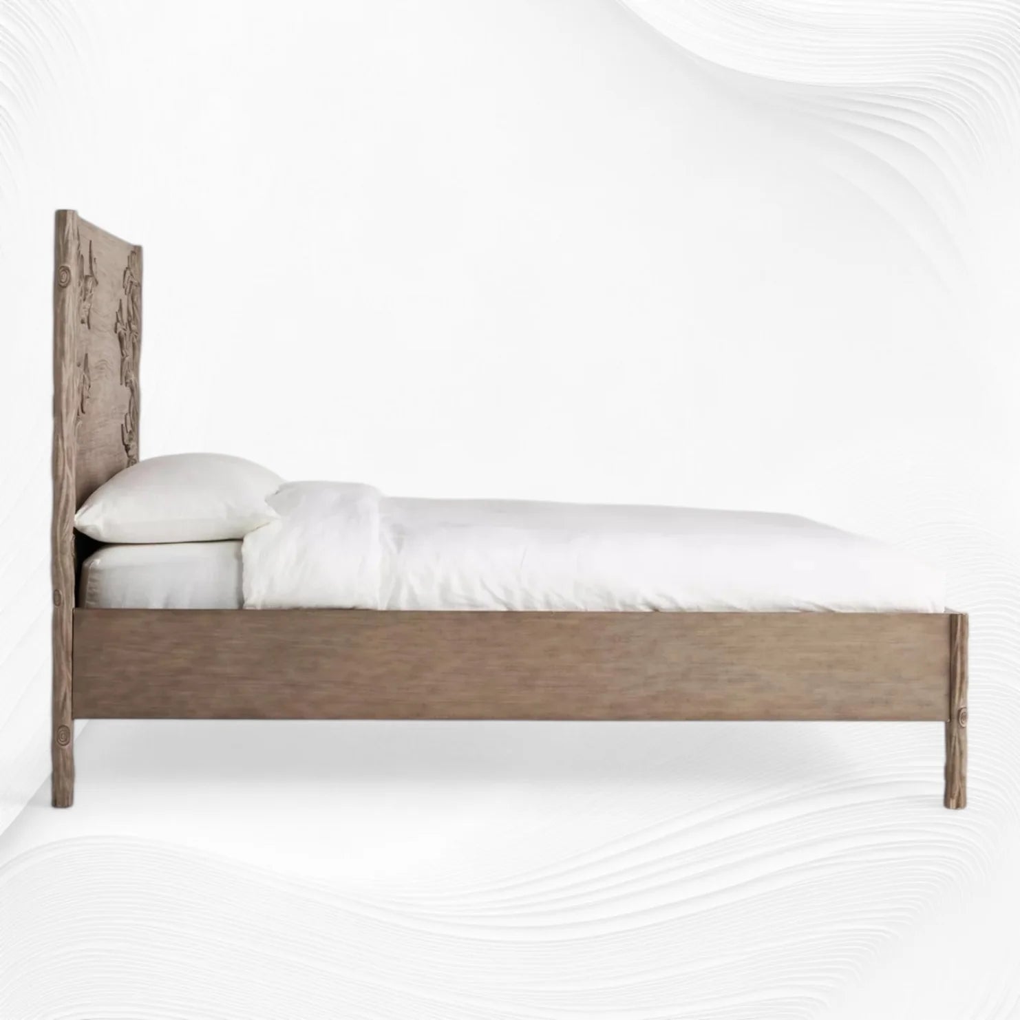 Side view of brown hand-carved mango wood bed