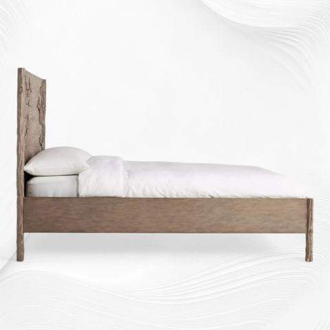 Side view of brown hand-carved mango wood bed
