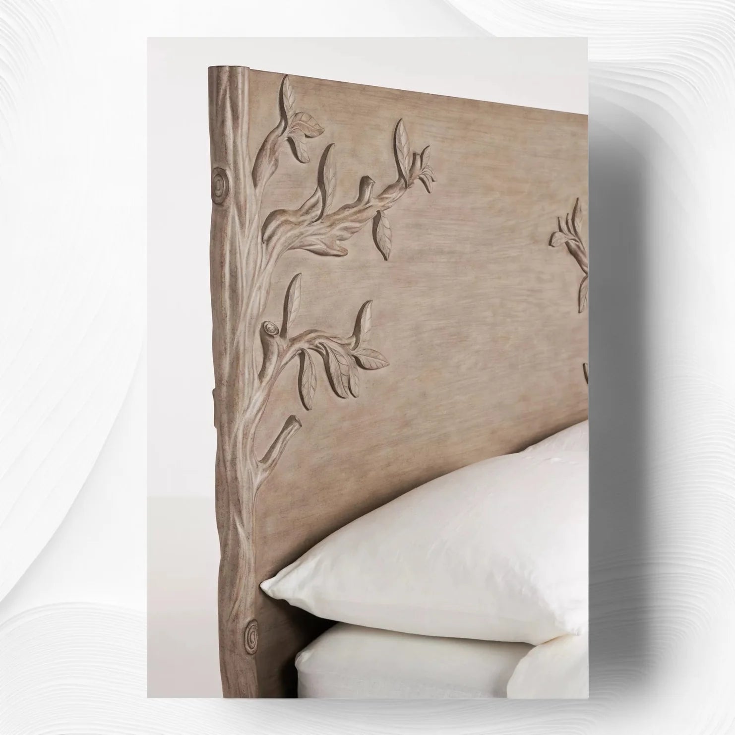 Close-up of hand-carved branch design on brown wood headboard