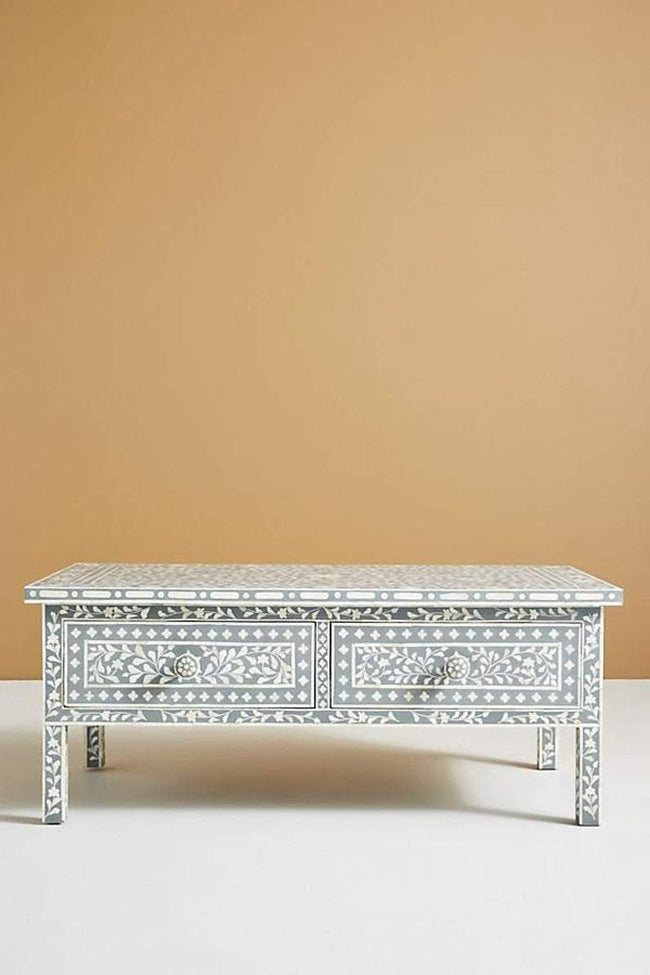 Floral Bone Inlay 2 Drawer Coffee Table Grey 1