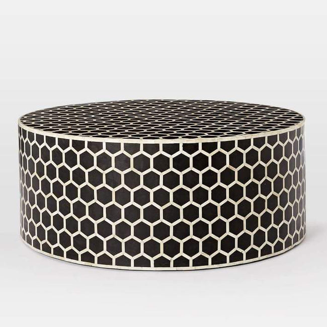 Bone Inlaid Round Coffee Table Honeycomb Black 1