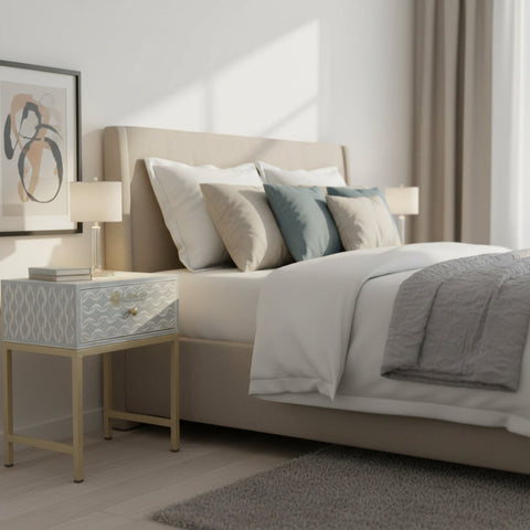 Bone Inlay Sea Wave Design Bedside Table Light Grey