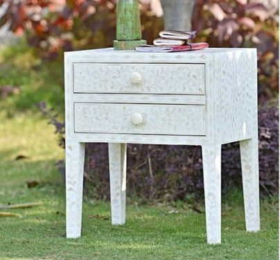 White Bone Inlay 2 Drawer Bedside Table Long Leg