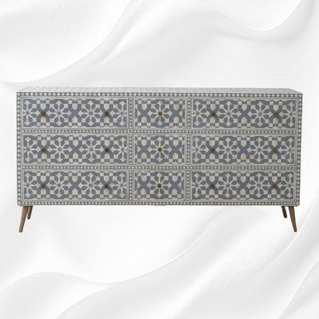 Bone Inlay Moroccan 9 Drawer Chest Grey 1