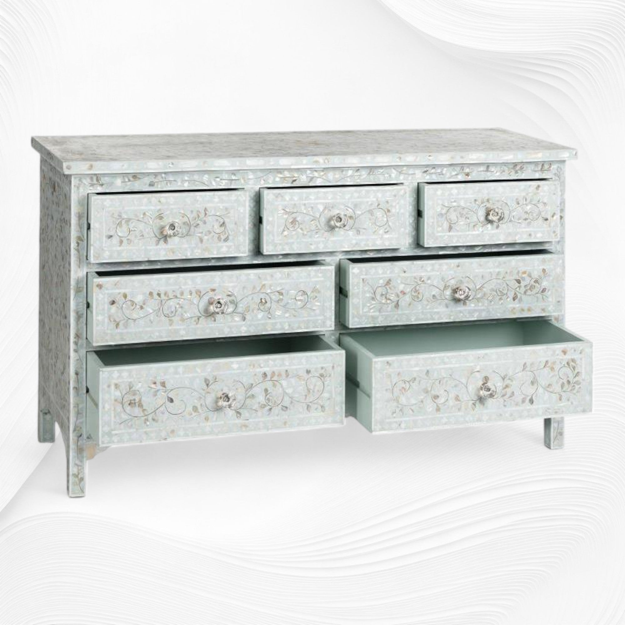 Mother Of Pearl Inlay Floral Chest Of 7 Drawers Pale Blue | Mother Of Pearl Inlay Floral 7 Drawers Dresser Table Pale Blue