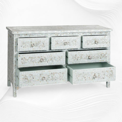 Mother Of Pearl Inlay Floral Chest Of 7 Drawers Pale Blue | Mother Of Pearl Inlay Floral 7 Drawers Dresser Table Pale Blue