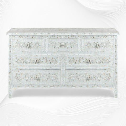 Mother Of Pearl Inlay Floral Chest Of 7 Drawers Pale Blue | Mother Of Pearl Inlay Floral 7 Drawers Dresser Table Pale Blue