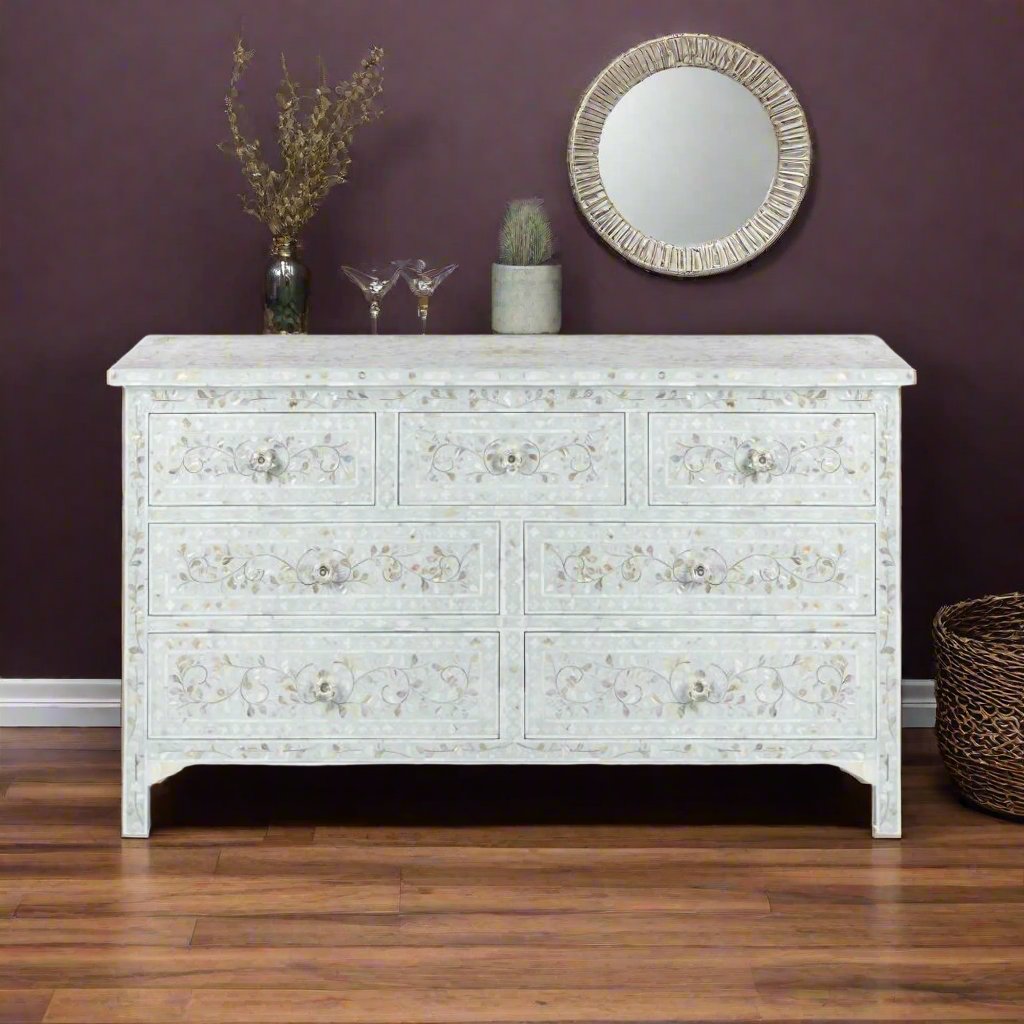 Mother Of Pearl Inlay Floral Chest Of 7 Drawers Pale Blue | Mother Of Pearl Inlay Floral 7 Drawers Dresser Table Pale Blue