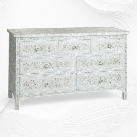 Mother Of Pearl Inlay Floral Chest Of 7 Drawers Pale Blue | Mother Of Pearl Inlay Floral 7 Drawers Dresser Table Pale Blue