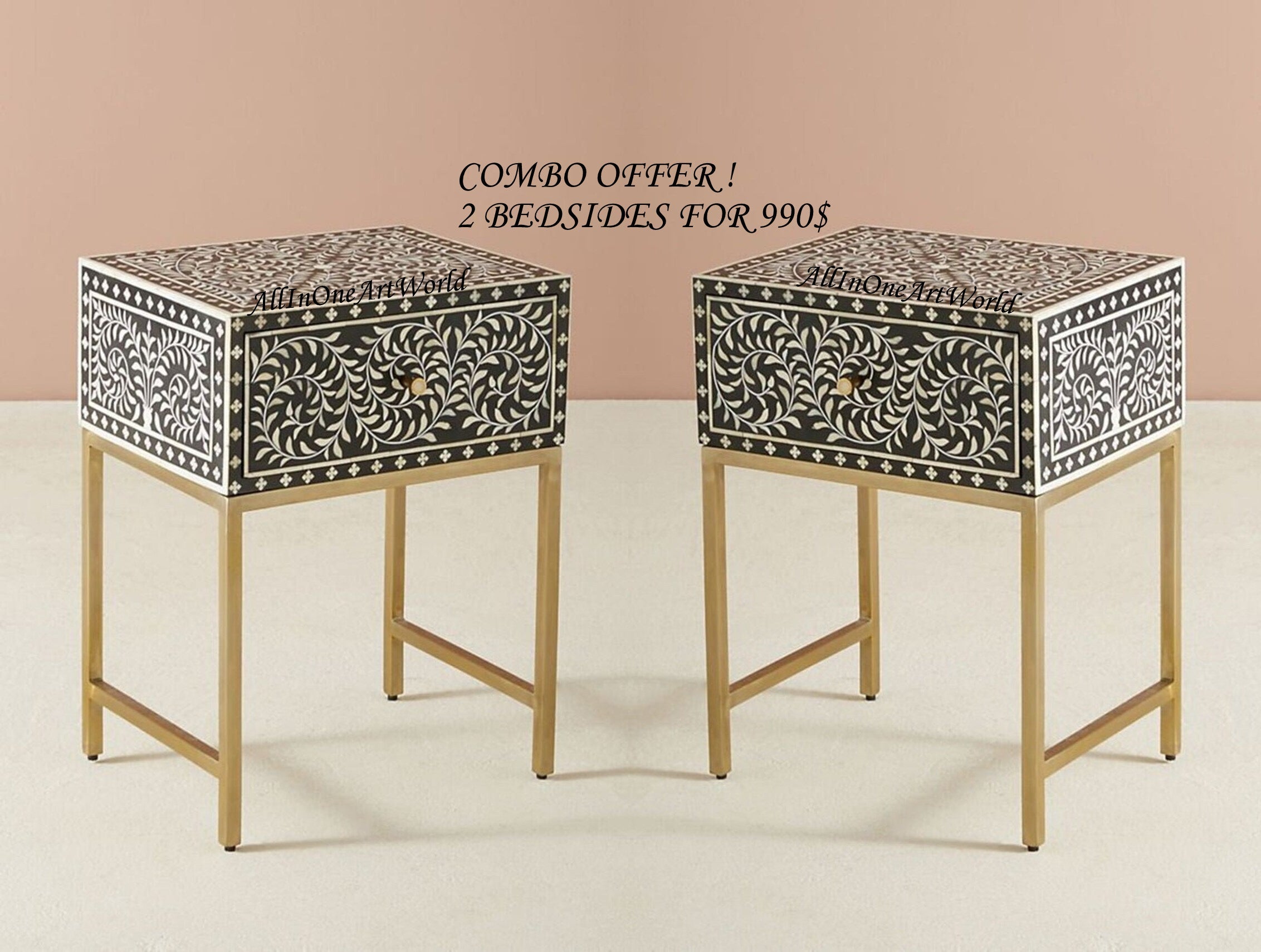 COMBO Bone Inlay Floral Bedside Table Black