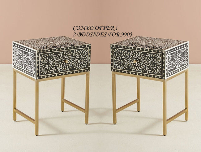 COMBO Bone Inlay Floral Bedside Table Black