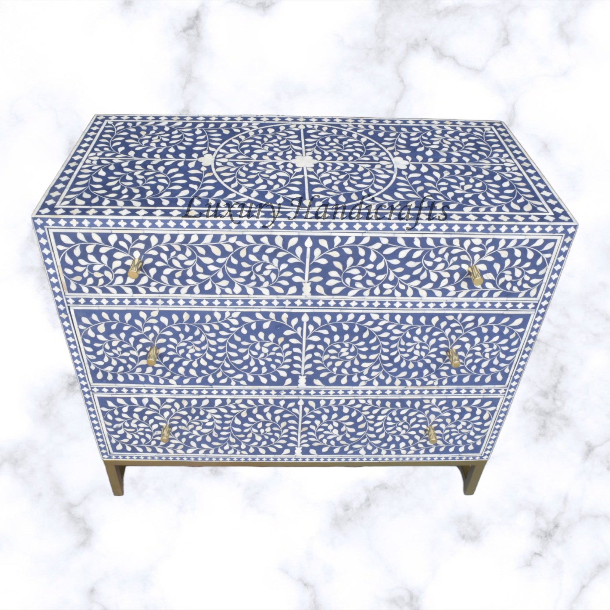 Scroll Vine Bone Inlay Chest of 3 Drawers Indigo 2