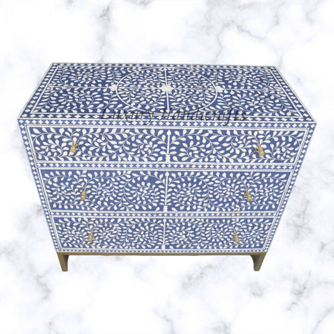 Scroll Vine Bone Inlay Chest of 3 Drawers Indigo 2
