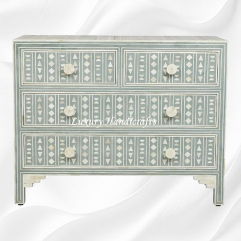 Tribal Bone Inlay Chest of 4 Drawers Dull Mud Green 1
