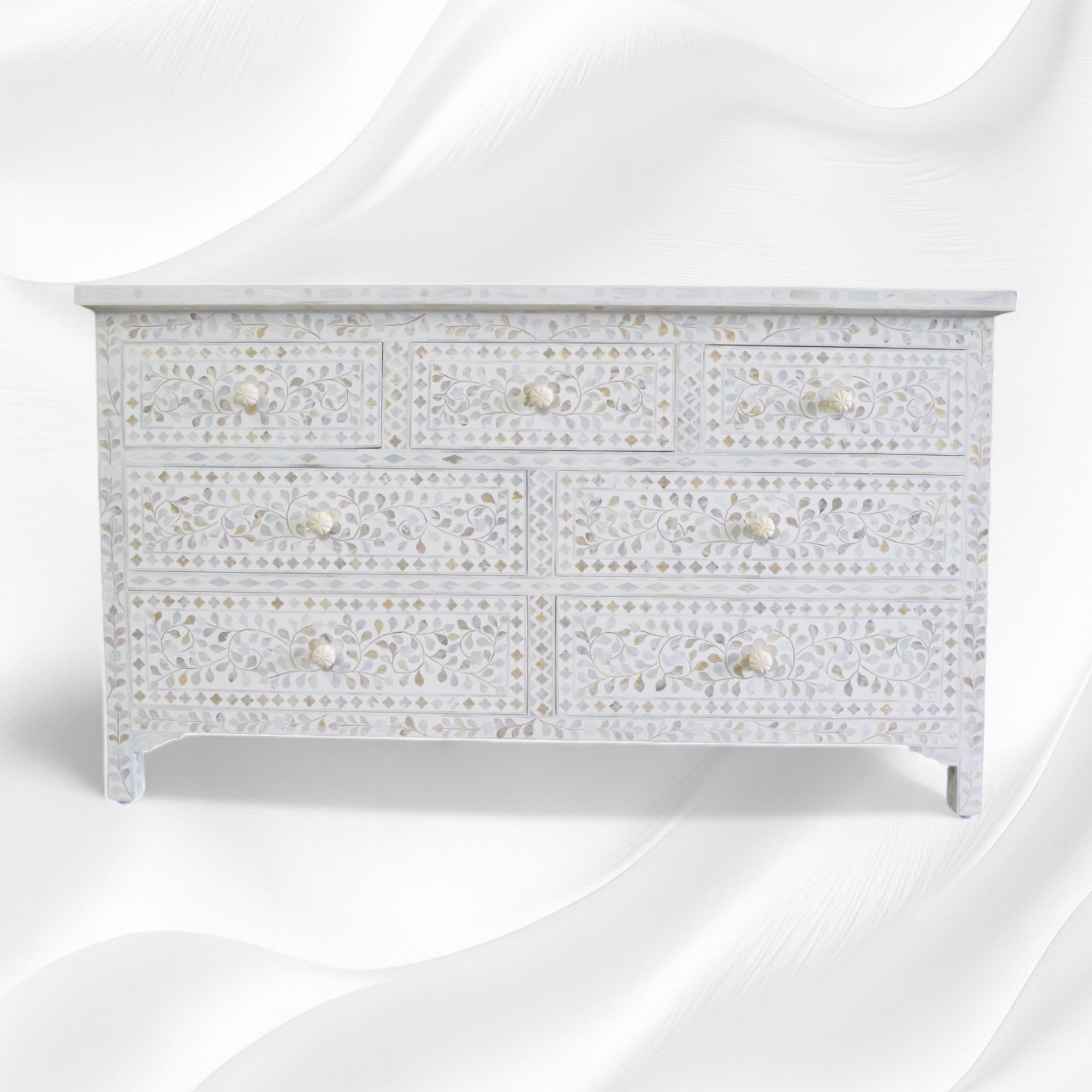 Mother Of Pearl Inlay Floral Design 7 Drawers Chest White