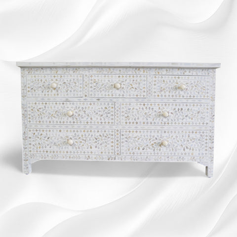 Mother Of Pearl Inlay Floral Design 7 Drawers Chest White