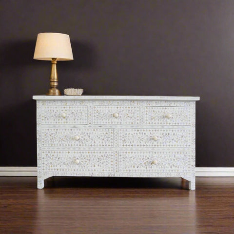 Mother Of Pearl Inlay Floral Design 7 Drawers Chest White