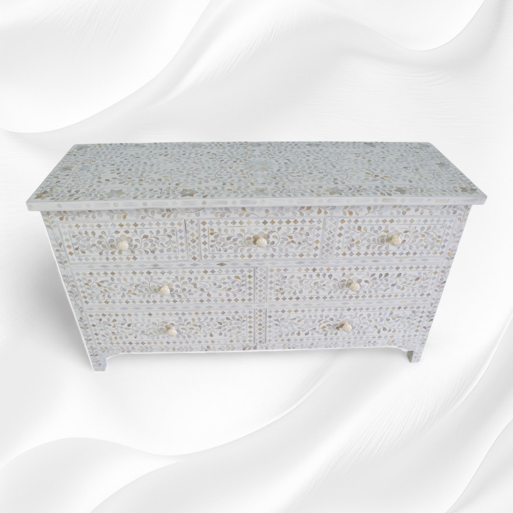 Mother Of Pearl Inlay Floral Design 7 Drawers Chest White