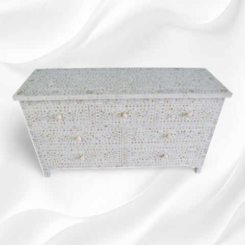 Mother Of Pearl Inlay Floral Design 7 Drawers Chest White