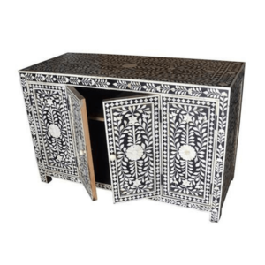 Bone Inlay 4 Doors Floral Design Buffet Table in Black Color