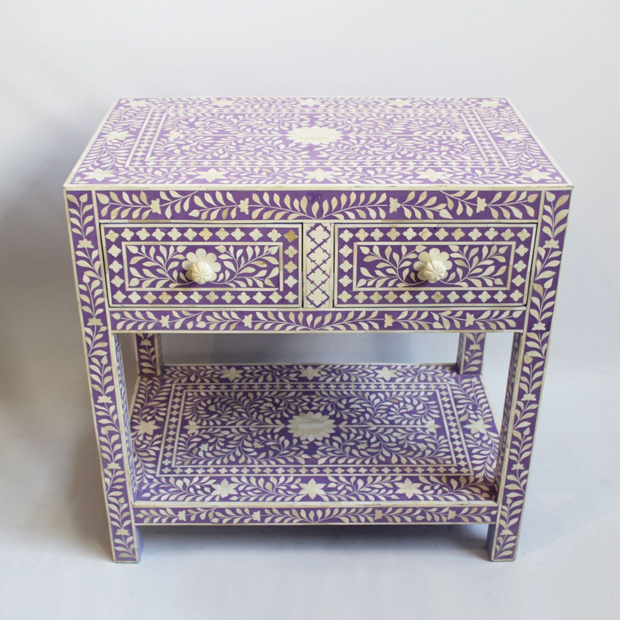 Bone Inlay Two Drawer Floral Design Bedside Table in Dark Lavender Color -  Lakecity Handicrafts