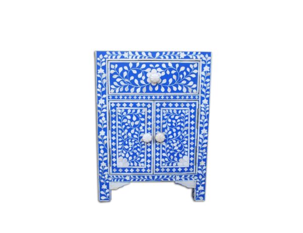Bone Inlay Floral Design 1 Drawer and 2 Door Bedside Table in Blue Color