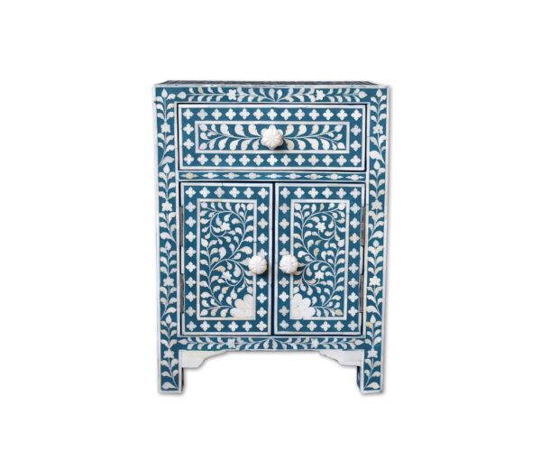 Bone Inlay Floral Design 1 Drawer and 2 Door Bedside Table in Teal Green Color