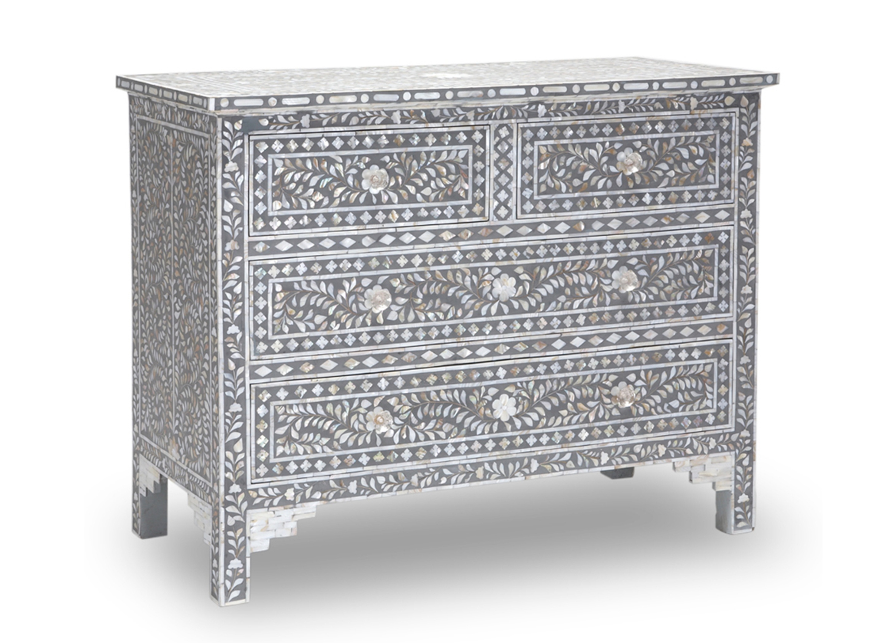 Mother Of Pearl Chest Of 4 Drawers Floral Design In Grey Color