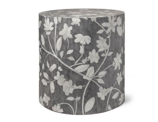 Bone Inlay Round Floral Design Stool in Grey Color