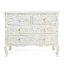 Mother of Pearl Floral Design Chest of 4 Drawers Curved Legs in White Color