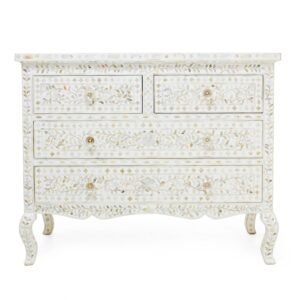Mother of Pearl Floral Design Chest of 4 Drawers Curved Legs in White Color