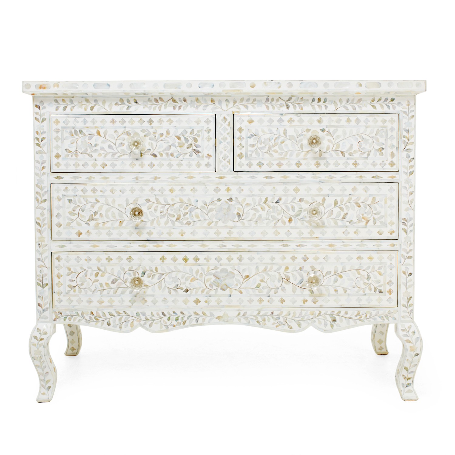 Mother Of Pearl Floral Design Chest Of 4 Drawers Curved Legs In