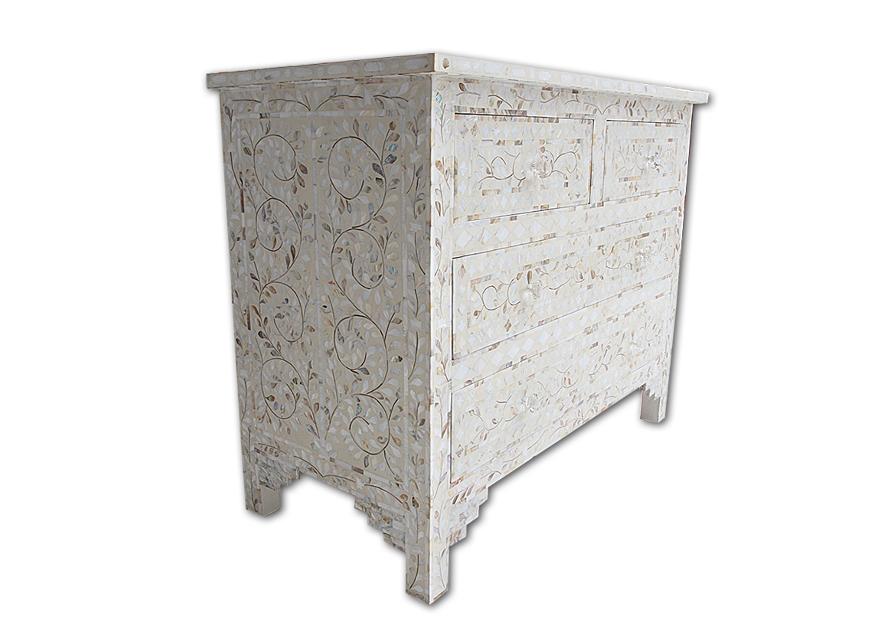 Mother Of Pearl Chest Of 4 Drawers Floral Design In Ivory Color