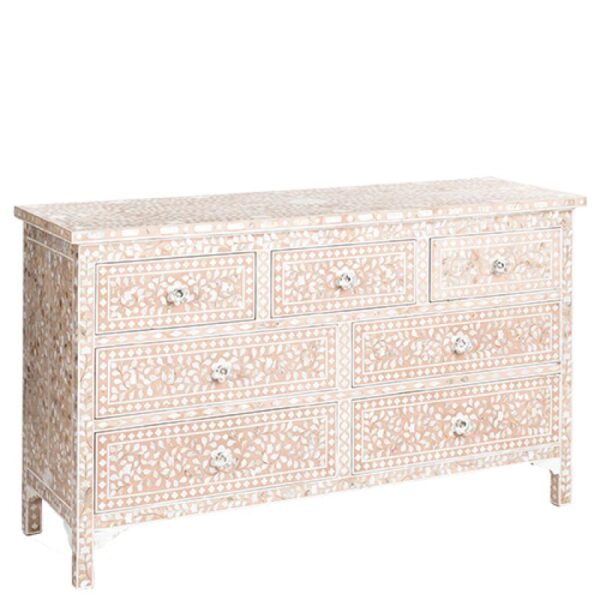 Mother of Pearl Chest of 7 Drawers Floral Design in Pale Pink Color
