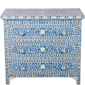 Bone Inlay Chest of 3 Drawers Floral Design in Blue Color