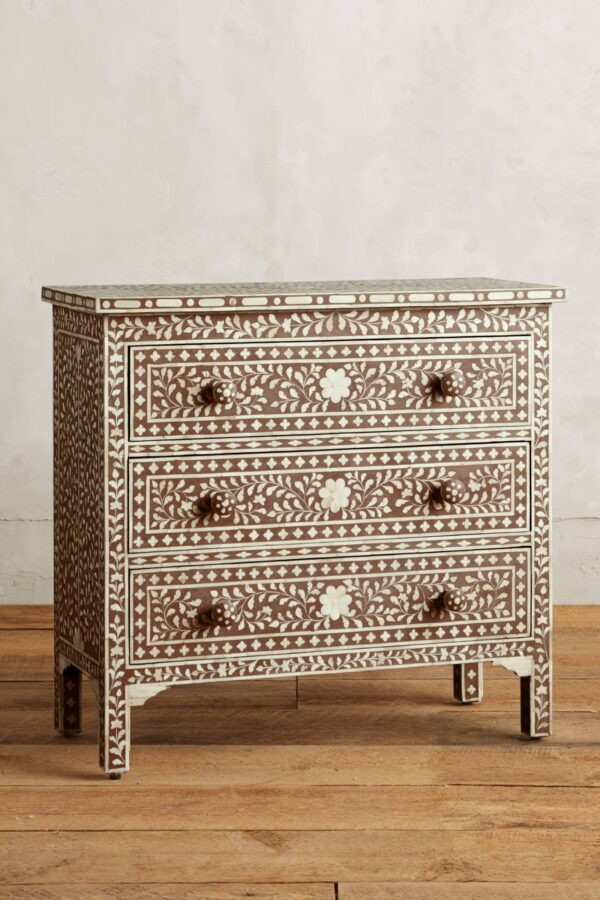 Bone Inlay Chest of 3 Drawers Floral Design in Brown Color