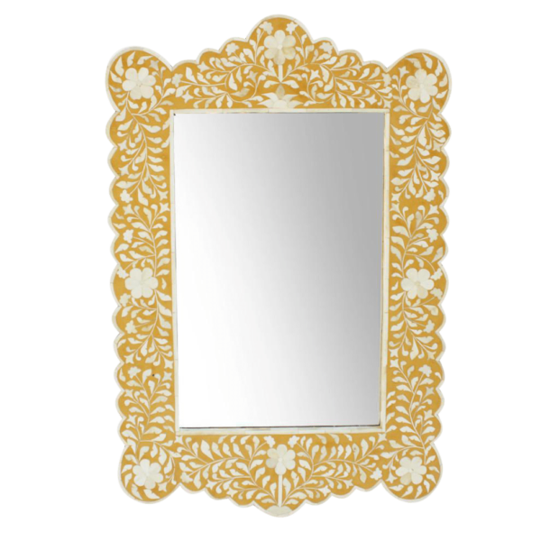 Floral Design Bone Inlay Scalloped Mirror in Yellow Color