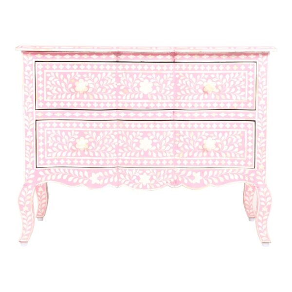 Bone inlay Chest of 2 Drawers Floral Design in Pink Color