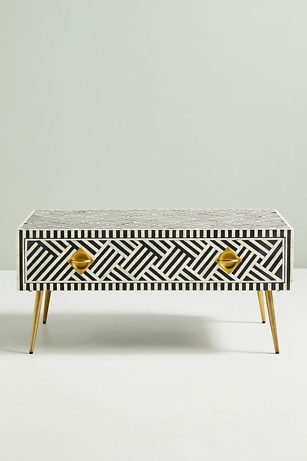 Bone Inlay optical design coffee table with drawers and solid brass legs