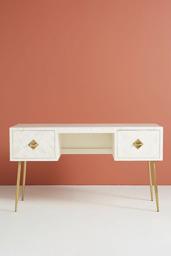 Bone Inlay Two Drawers Optical Inlay Desk in White