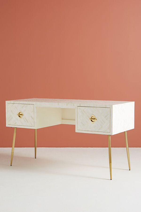 Bone inlay optical Desk or console white with solid brass knobs and legs