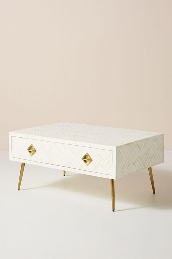 Bone Inlay optical design coffee table with drawers and solid brass legs