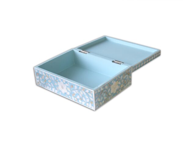 mother of pearl inlay floral design box in turquoise color