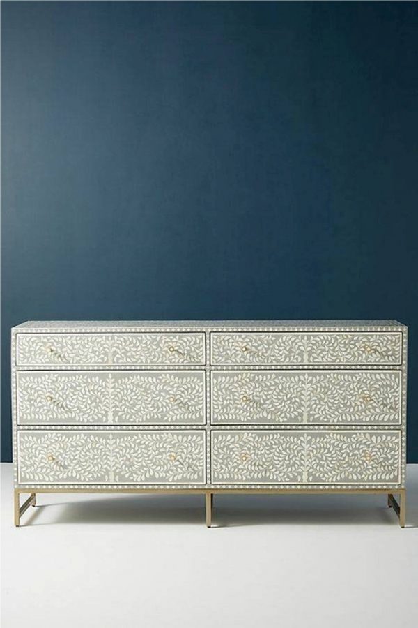 Bone inlay Chest of Drawers in Floral Design in Grey Main
